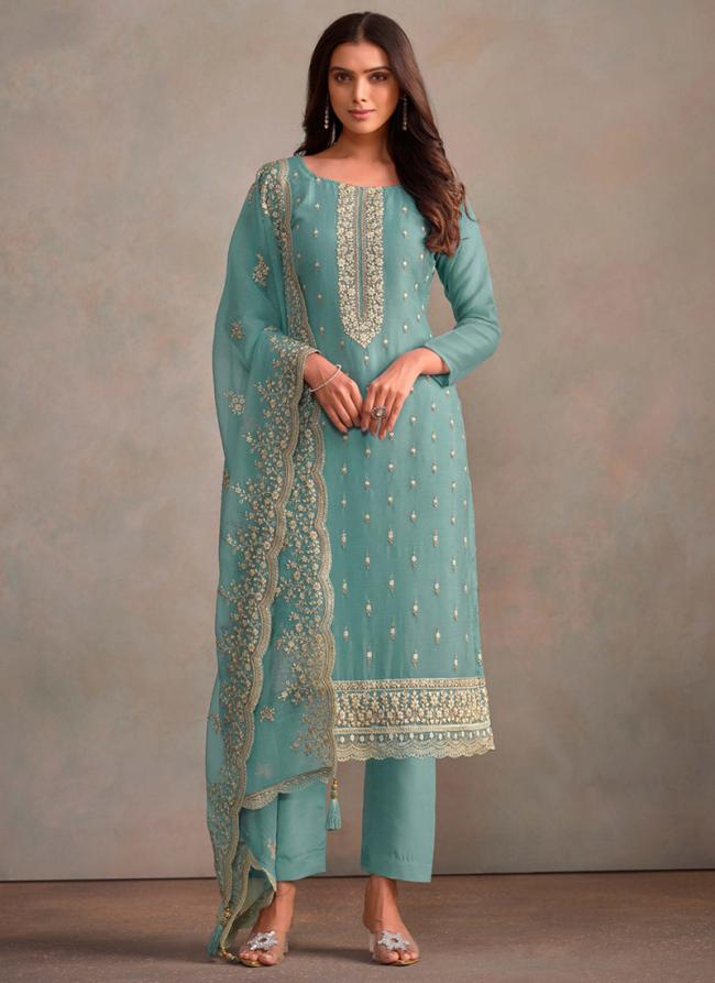 Organza Sky Blue Festival Wear Sequins Work Straight Suit